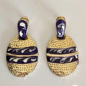 Vintage Gold Tone and Blue Swirl Dangle Earrings